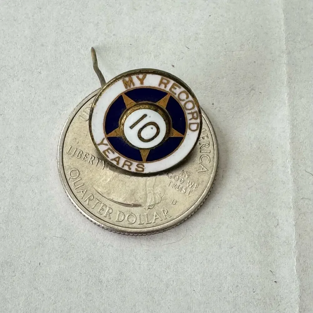 Vintage Blue & White My Record 10 Years Collectible Souvenir Employee Lapel Pin